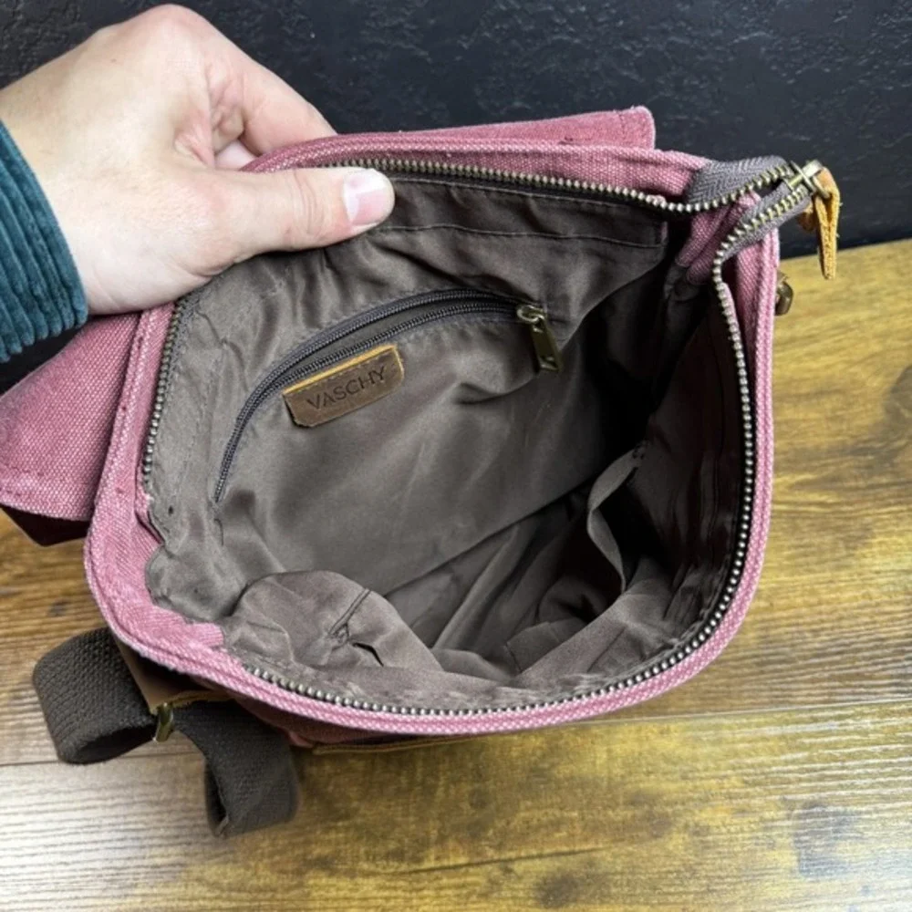 Vaschy Canvas Leather Trim Burgundy Messenger Crossbody Bag Unisex‎ Small
